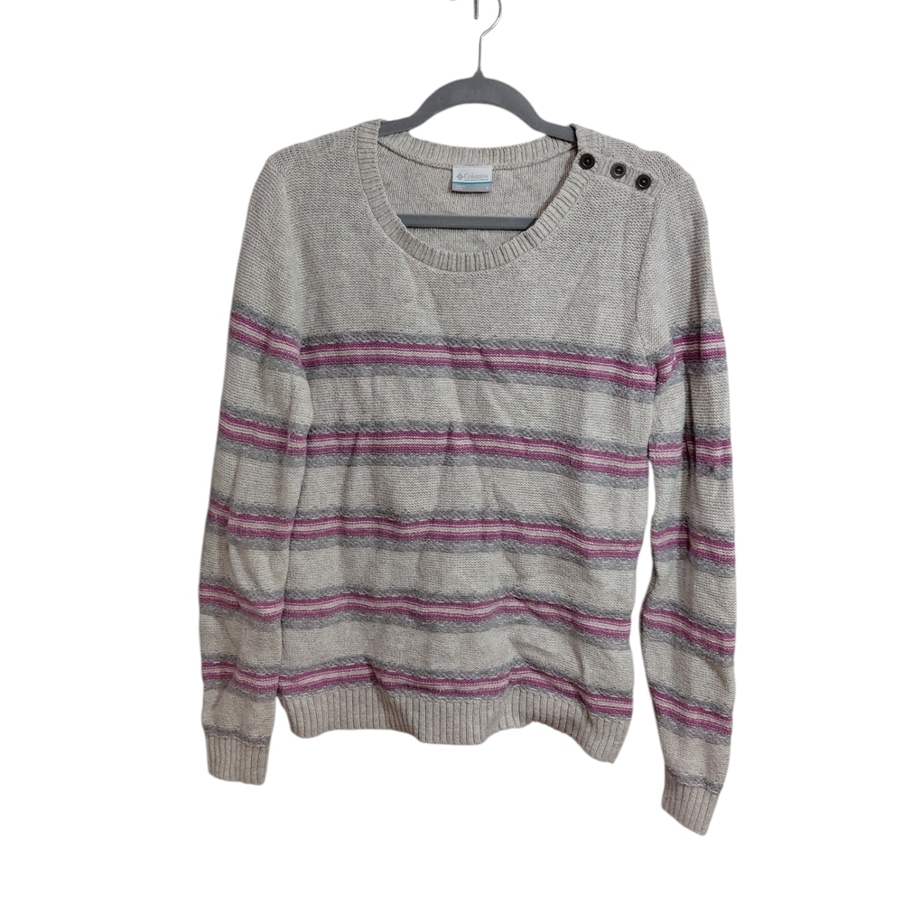 🧣 Columbia Gray Crewneck Sweater with Pink Stripe Accents